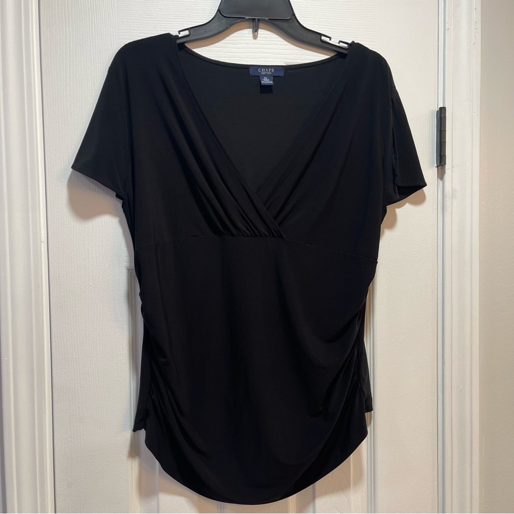 Chaps Black Fitted Ruched Short Sleeve Blouse